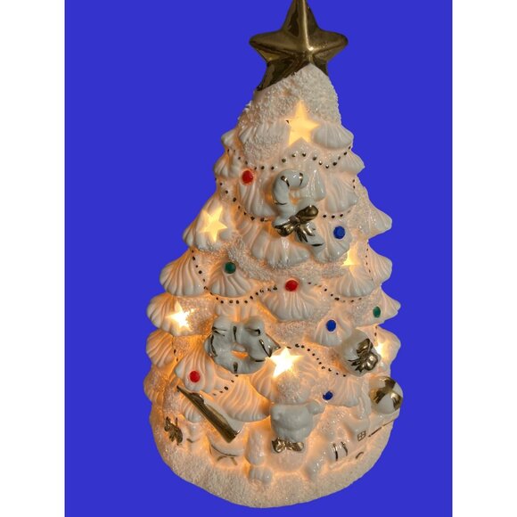 Ceramic Light-Up Christmas Tree With Decorations And Gold Colored Accents - Picture 10 of 10